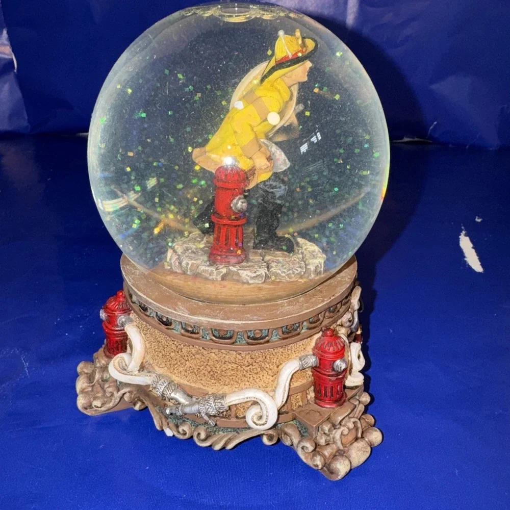 Fire Fighter Water Globe Music Box Plays Wind Beneath My Wings Wind Up Works